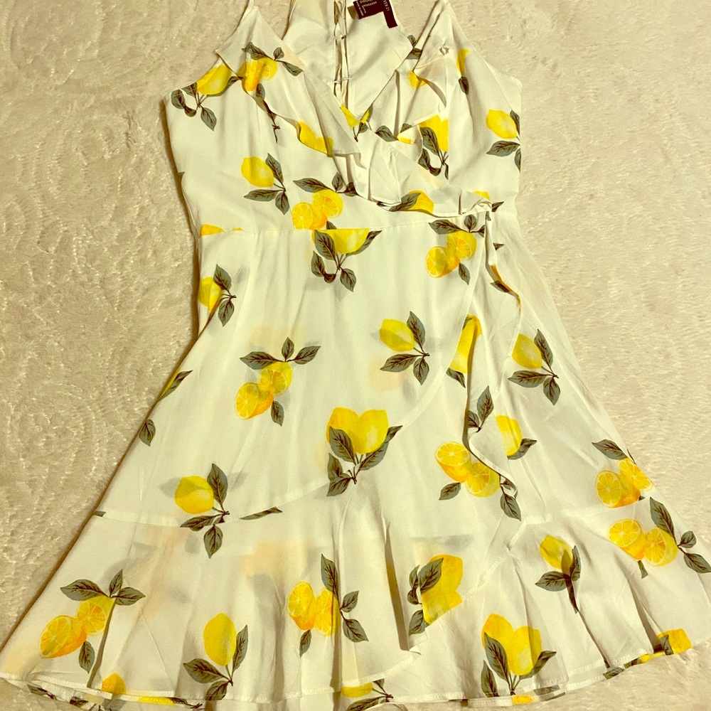 Forever 21 White Mini Wrap Dress with Yellow Lemon Print
